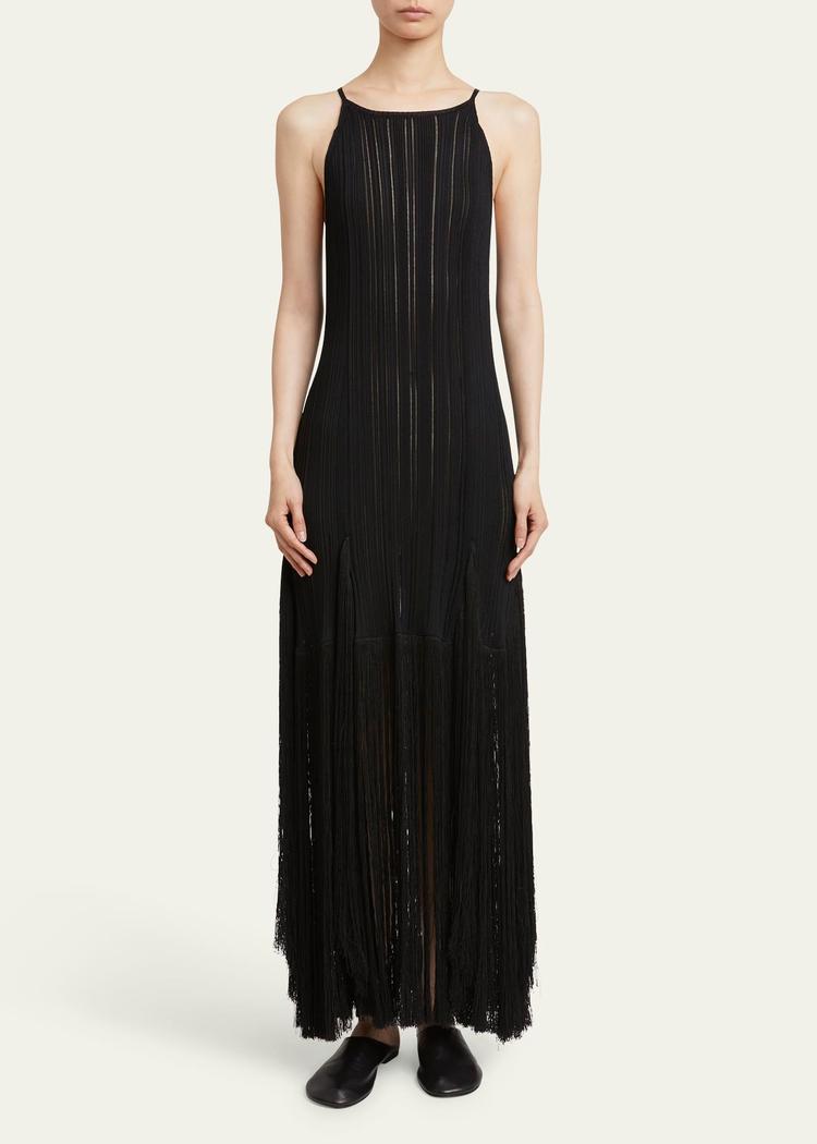 everly long viscose fringe knit dress