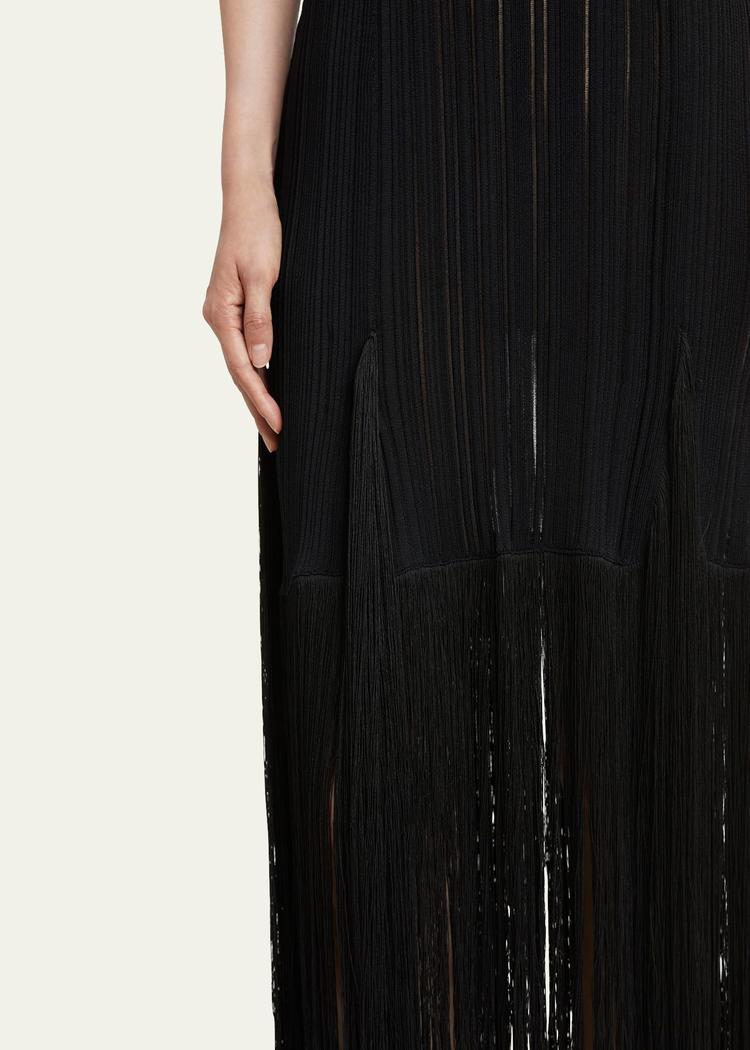 everly long viscose fringe knit dress