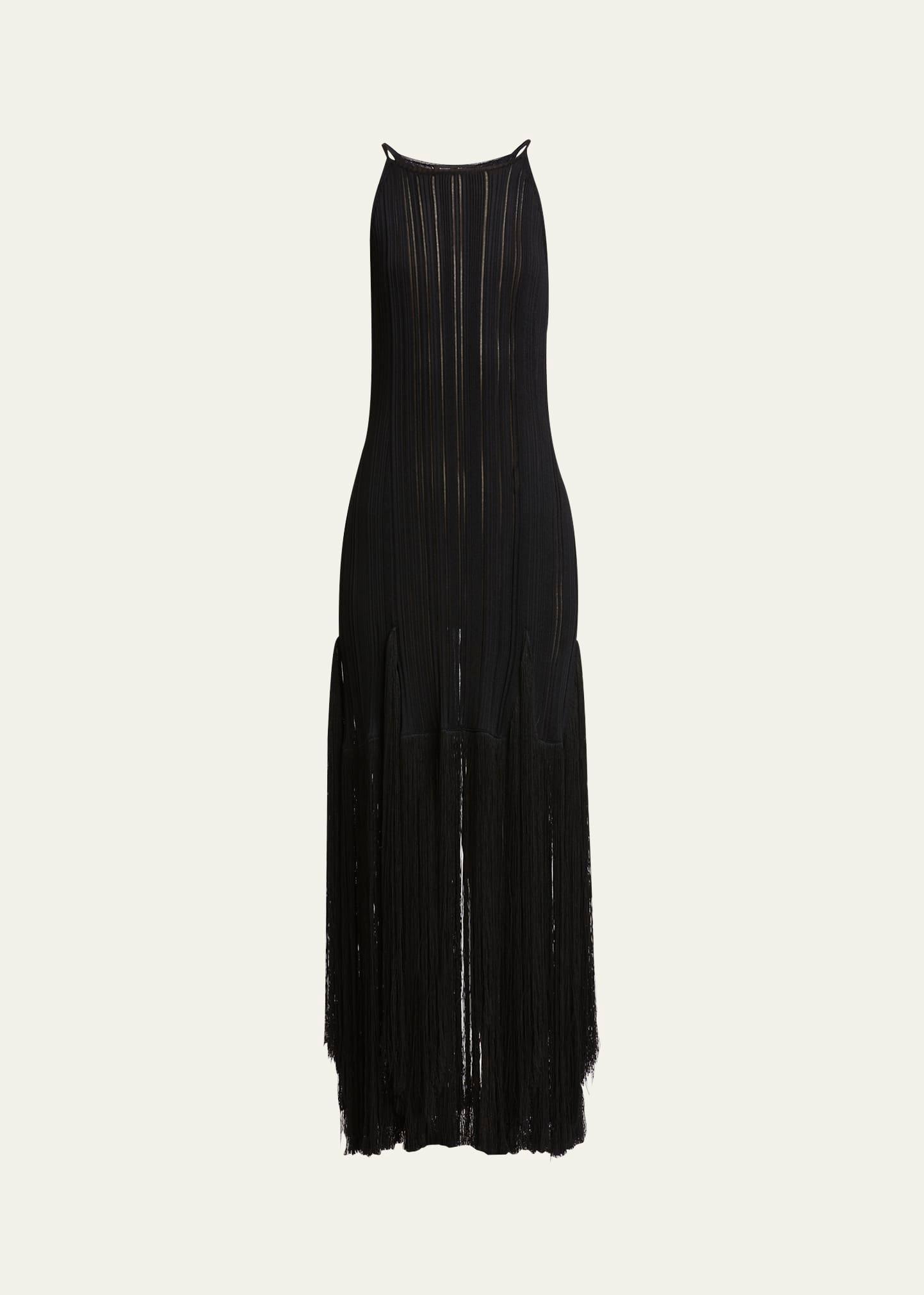 everly long viscose fringe knit dress