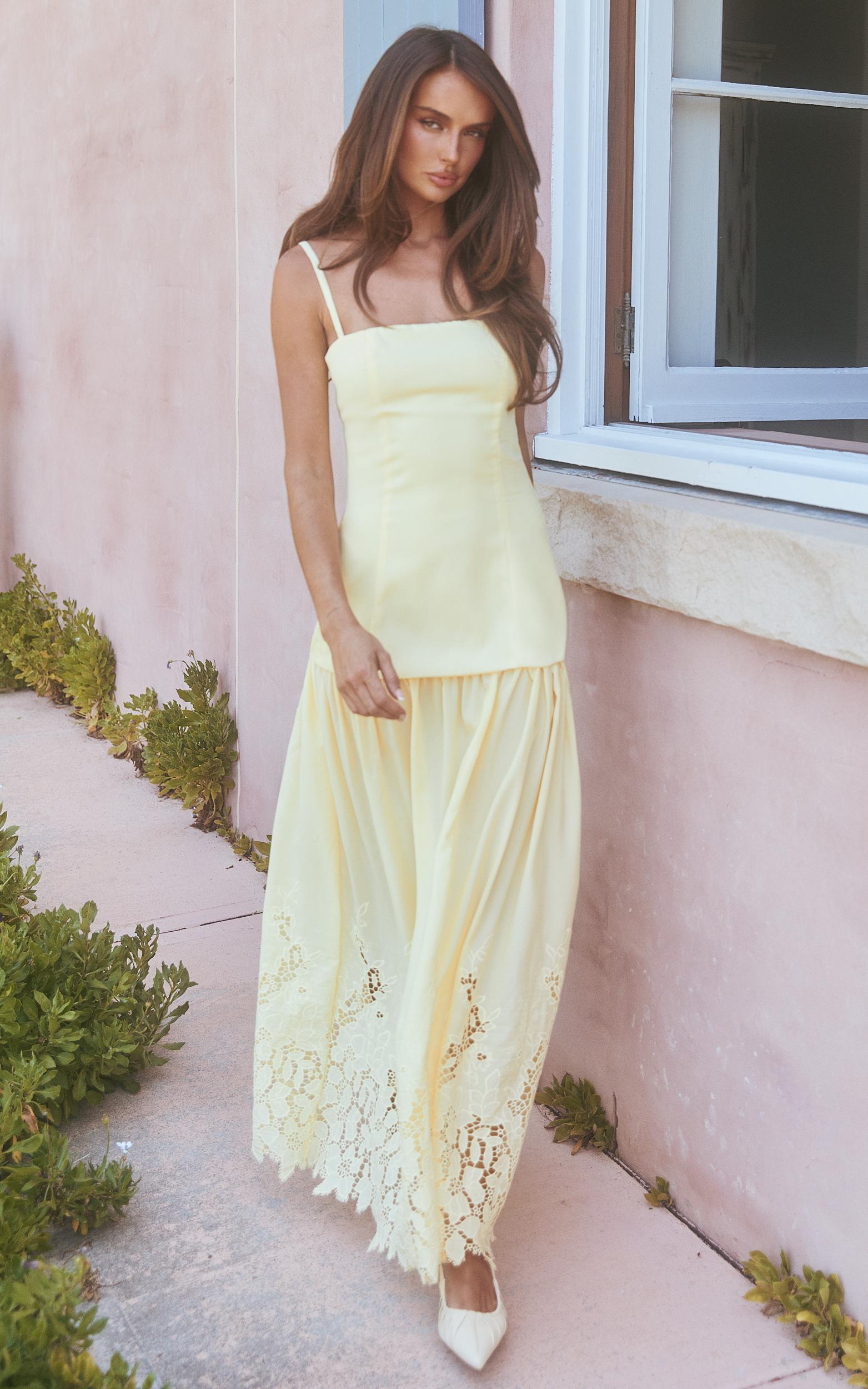 everly maxi dress - straight neck broderie cut out hem dress in lemon
