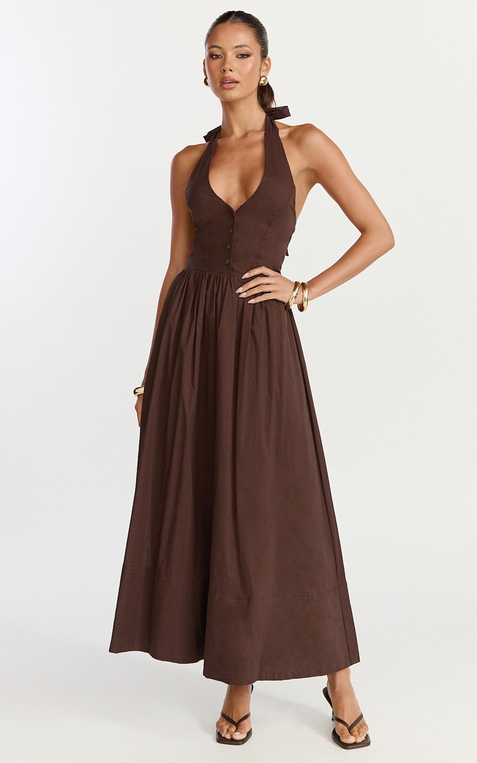 everly midi dress - tie halter neck button down bodice fit and flare dress in chocolate