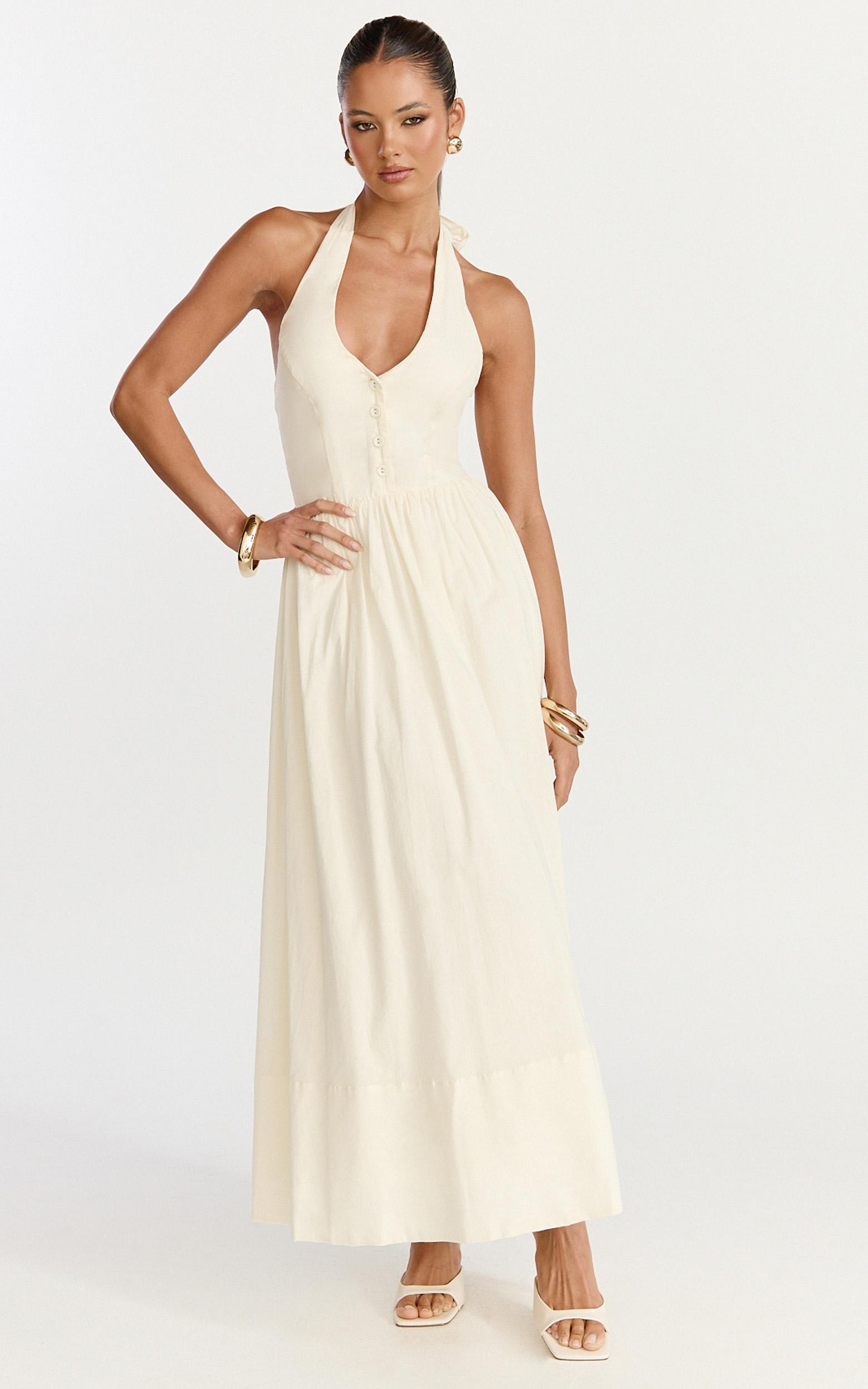 everly midi dress - tie halter neck button down bodice fit and flare dress in cream