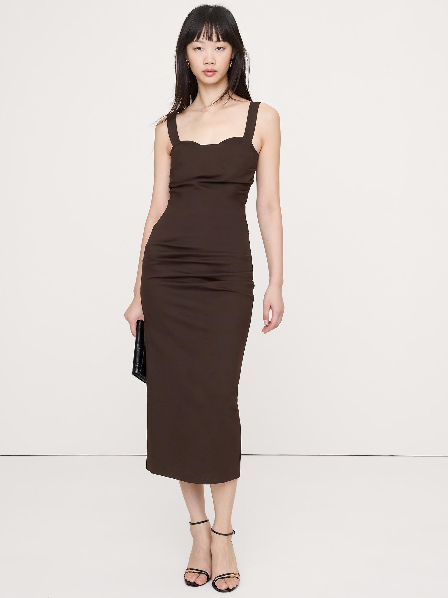 everywhere ponte ruched midi dress
