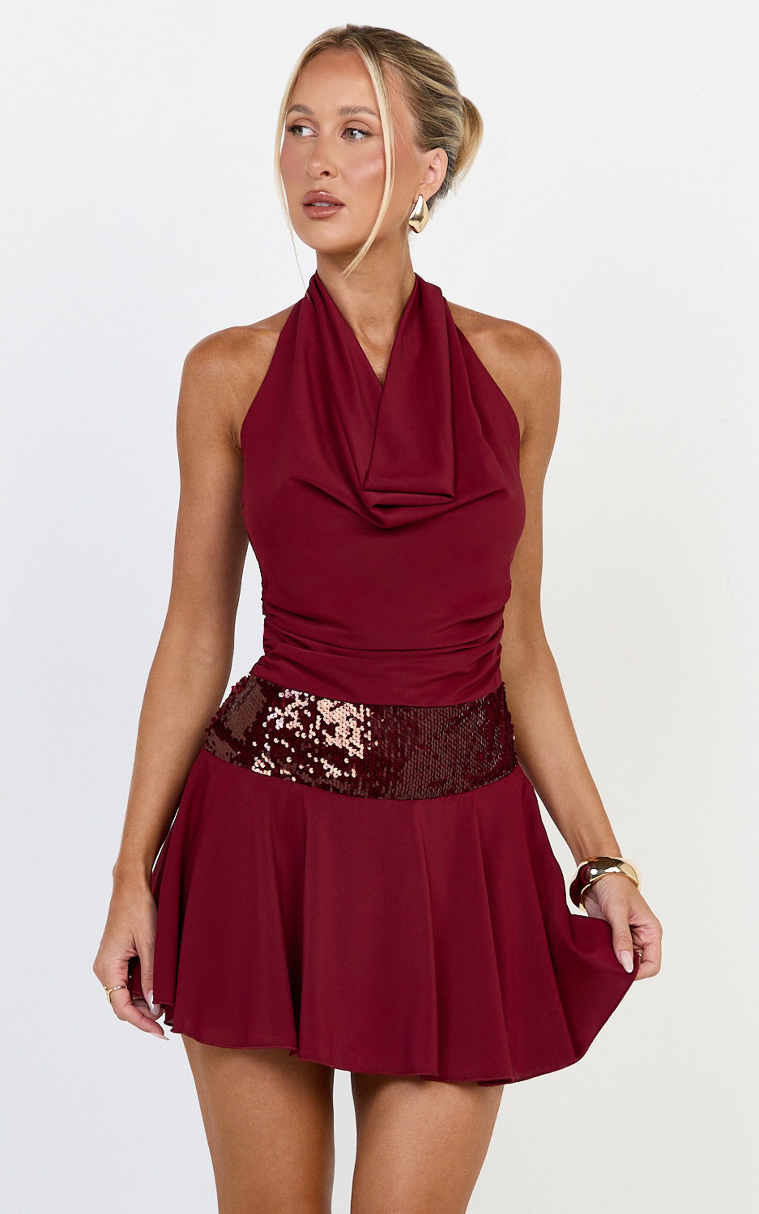evianne mini dress - cowl neck sequin drop waist halter dress in wine