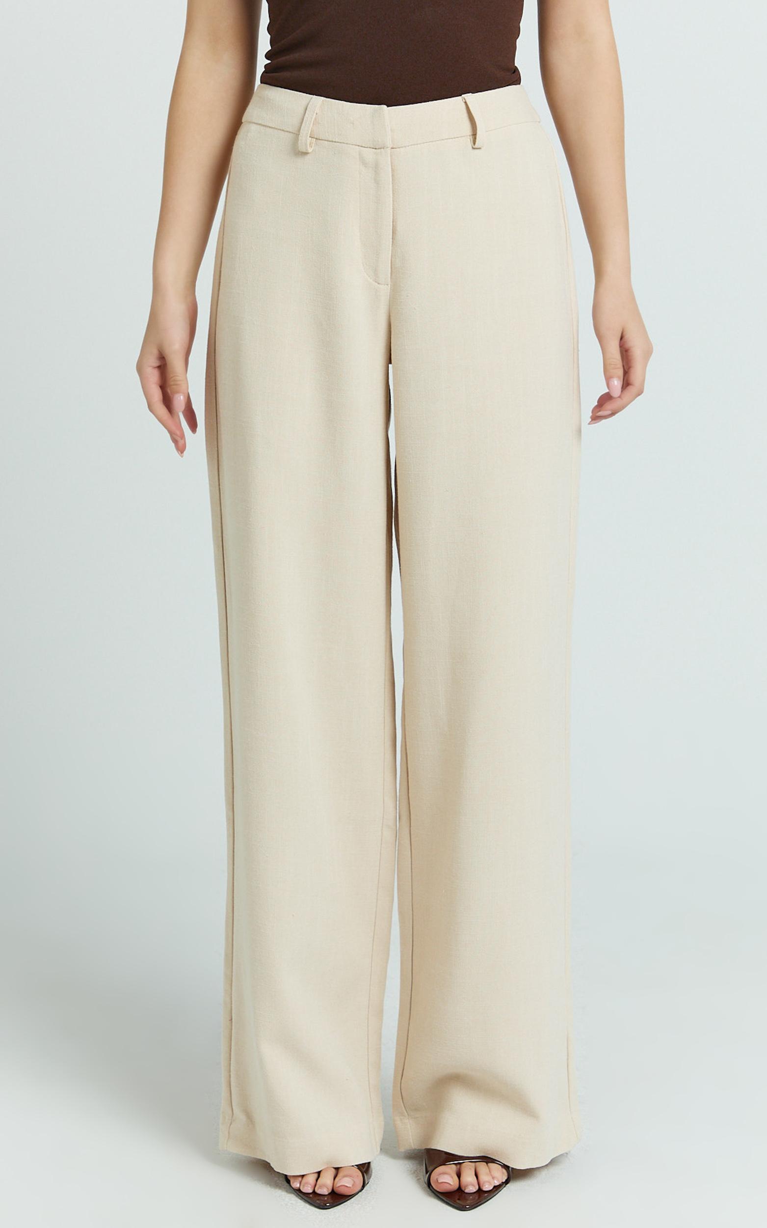 evie pants - mid rise wide leg linen blend tailored pants in sand