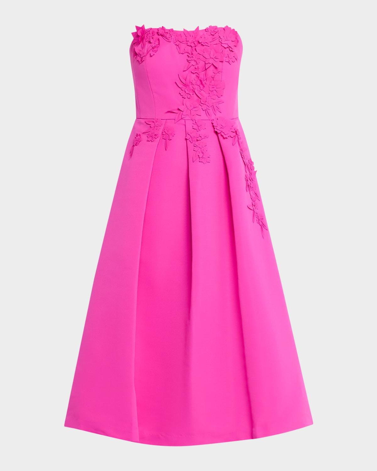 evie pleated floral applique midi dress