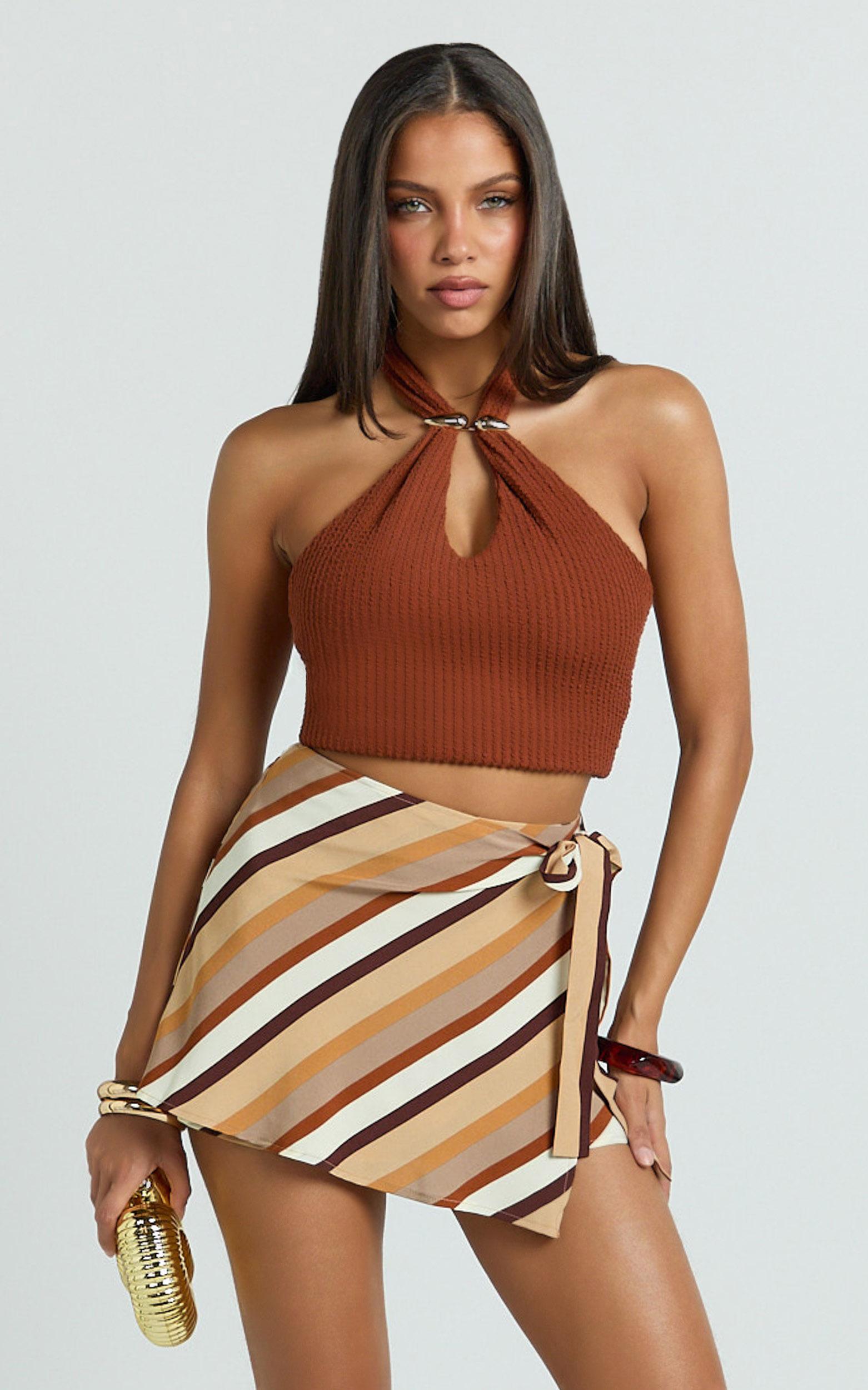 evie top - halter neck brooch detail top in brown