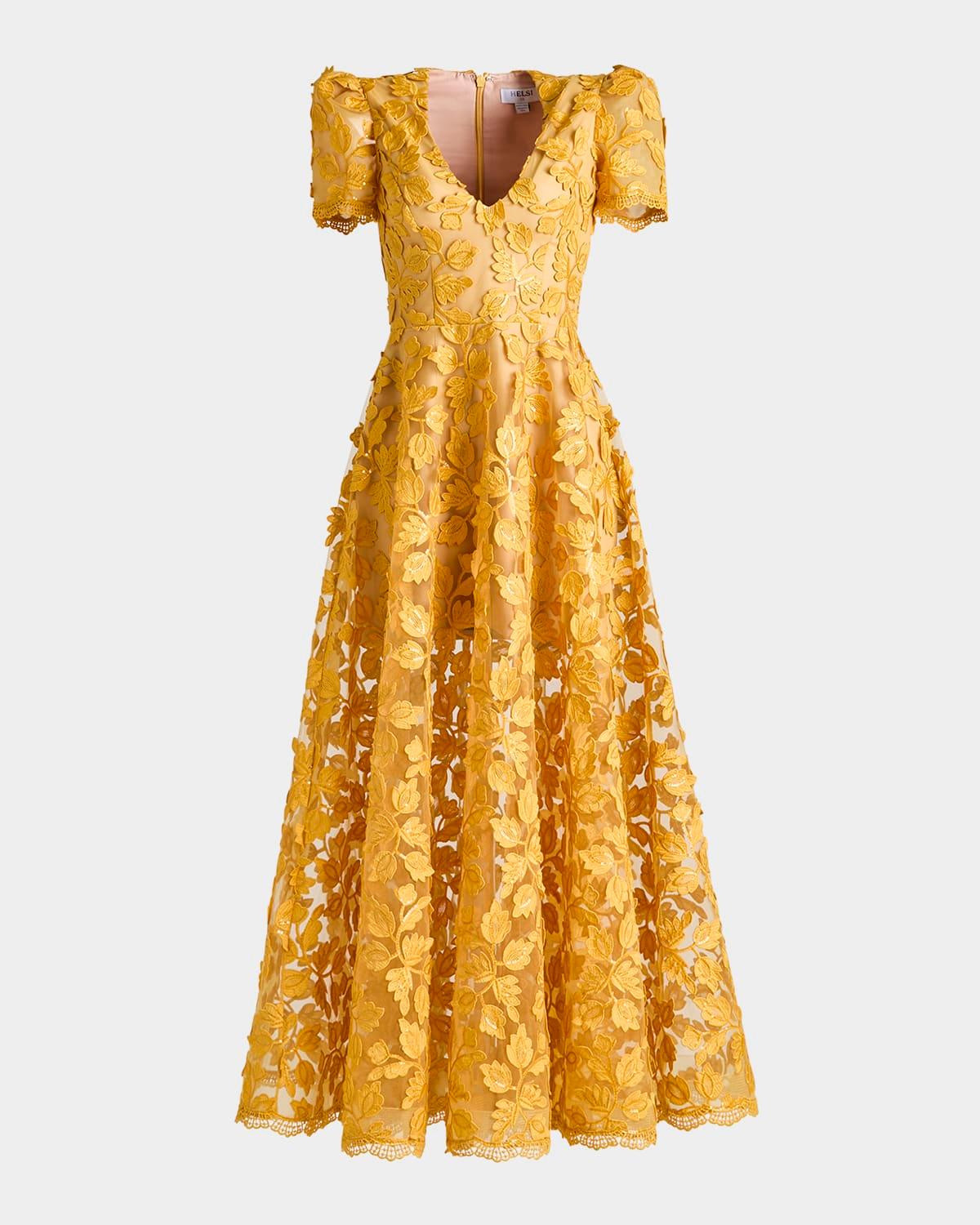 exclusive clara embroidered puff-sleeve gown