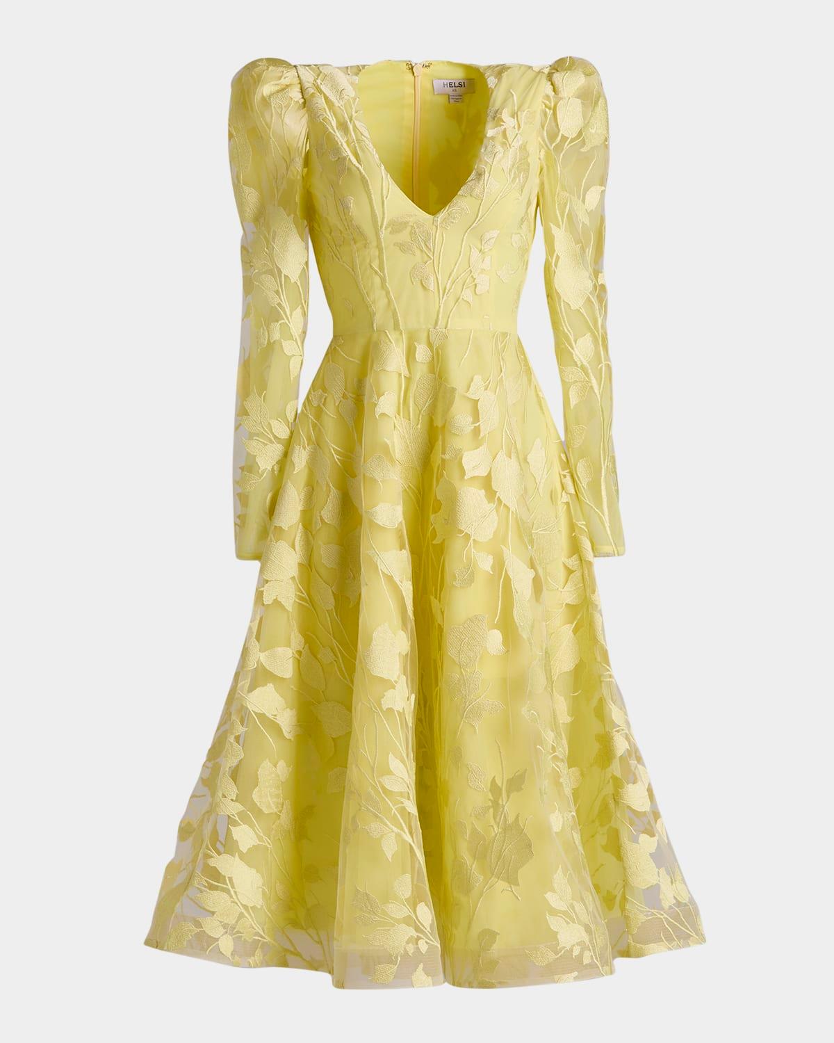 exclusive parker embroidered puff-sleeve midi dress