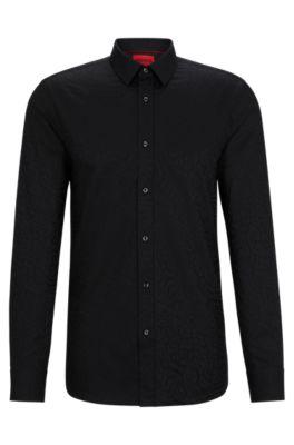 extra-slim-fit shirt in animal-pattern cotton jacquard- black men's shirts