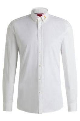 extra-slim-fit shirt in cotton with flower detail- white men's shirts