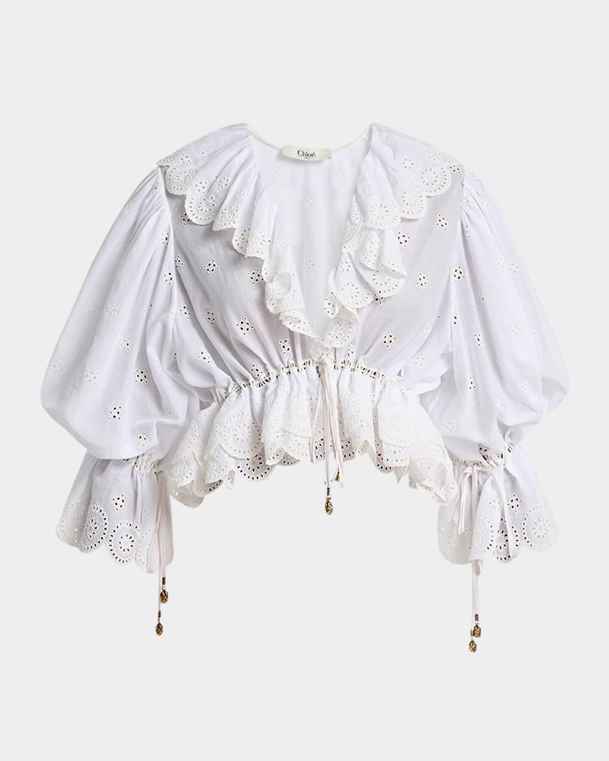 eyelet cotton ruffle crop peasant blouse