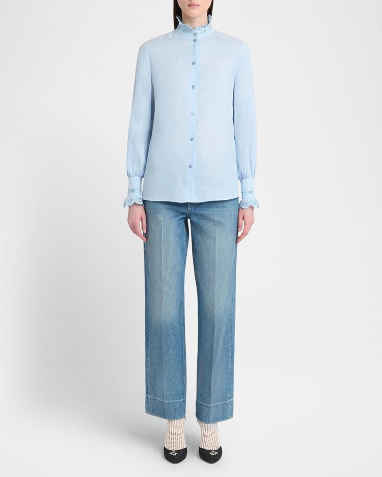 eyelet embroidered ruffle button-down shirt