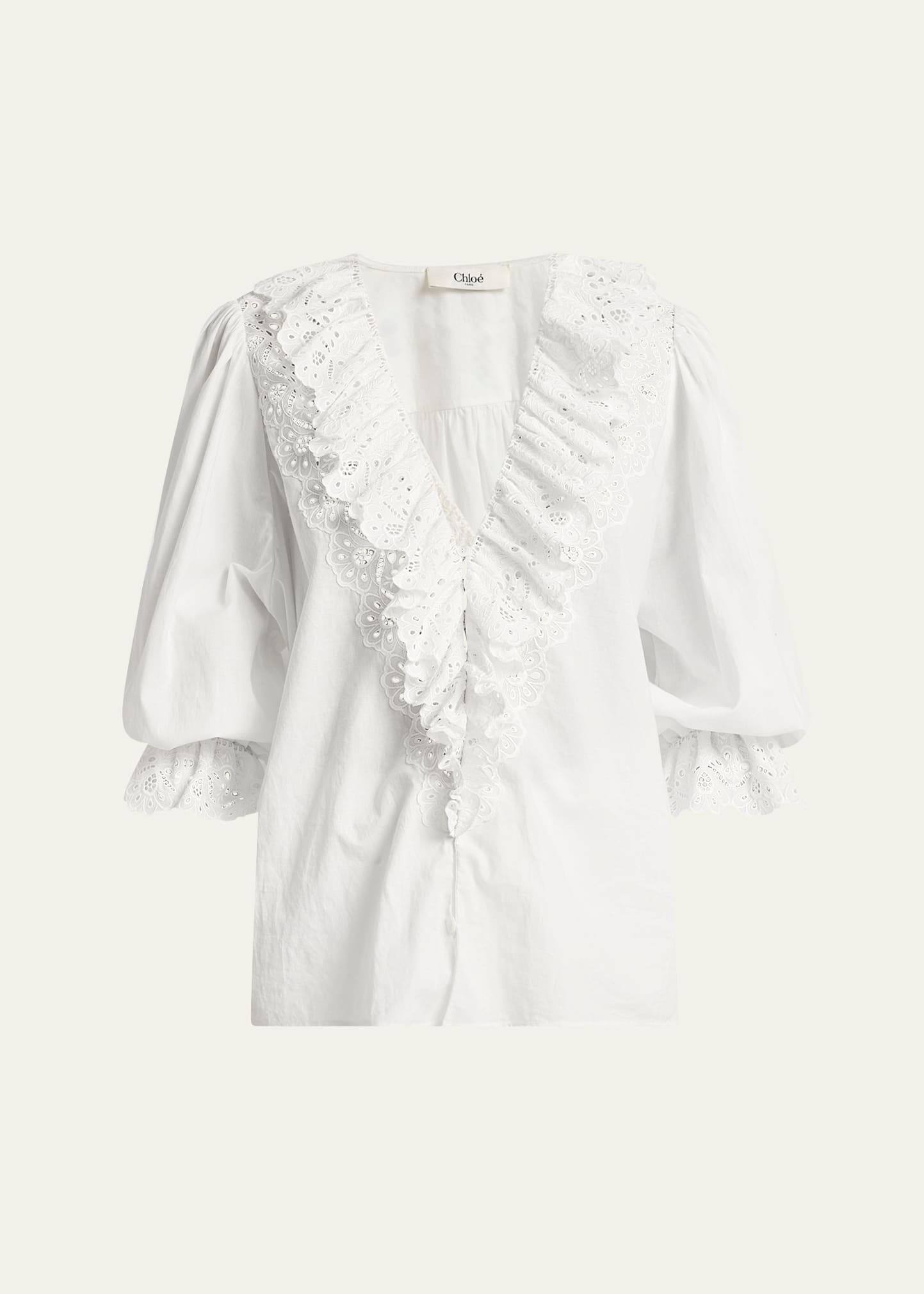 eyelet-embroidered ruffle cotton voile blouse