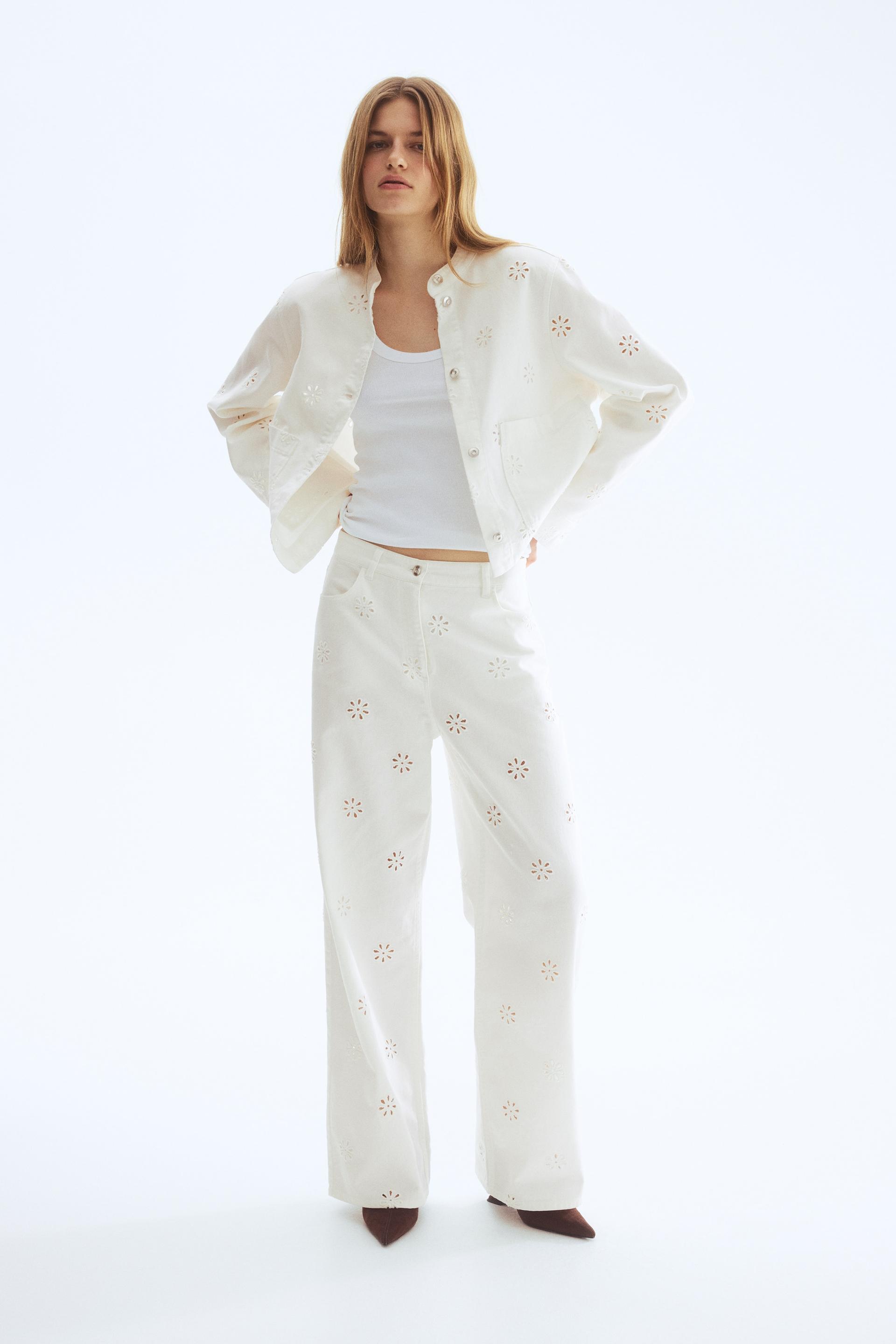 eyelet-embroidered twill pants