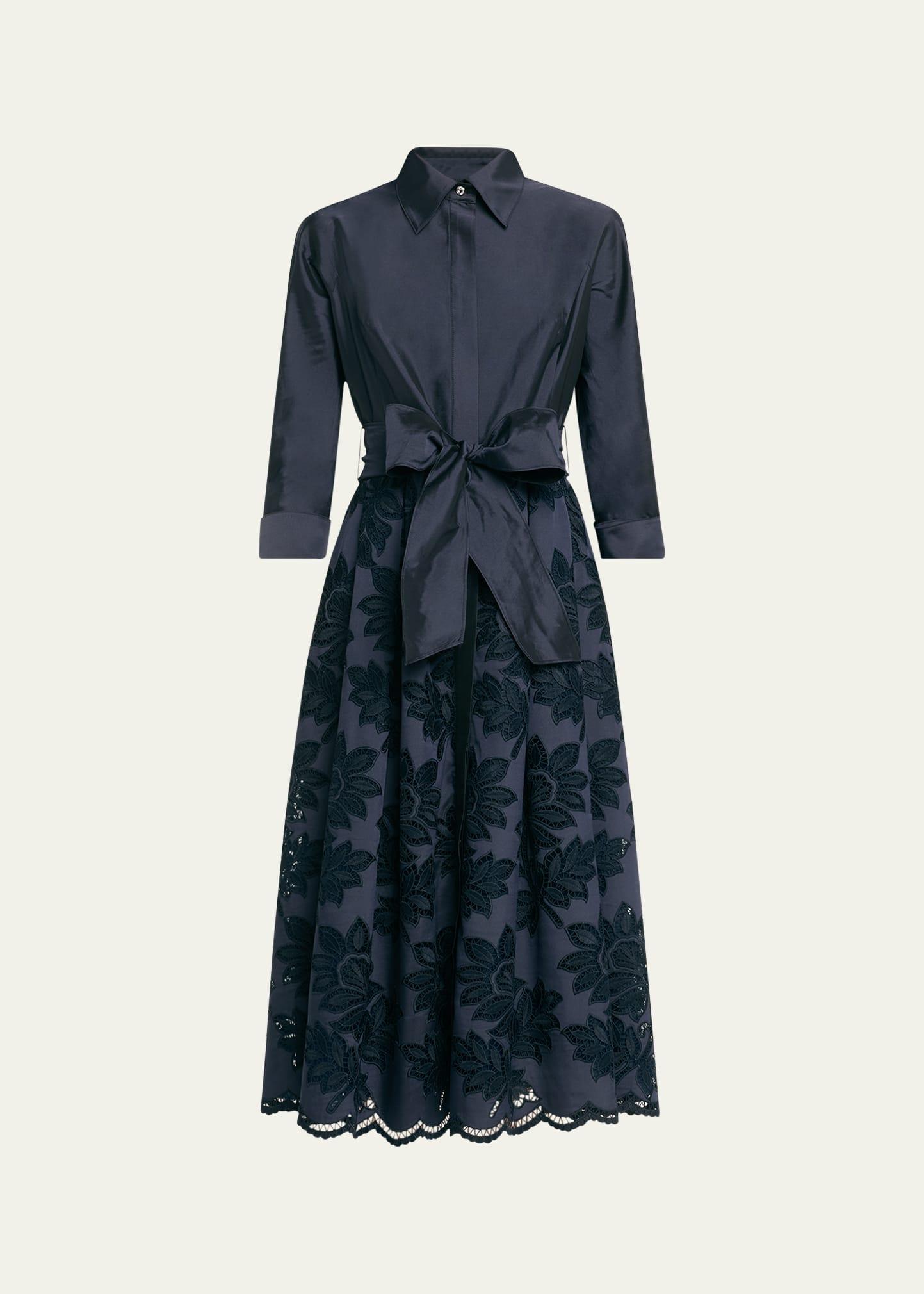 eyelet floral-embroidered midi shirtdress