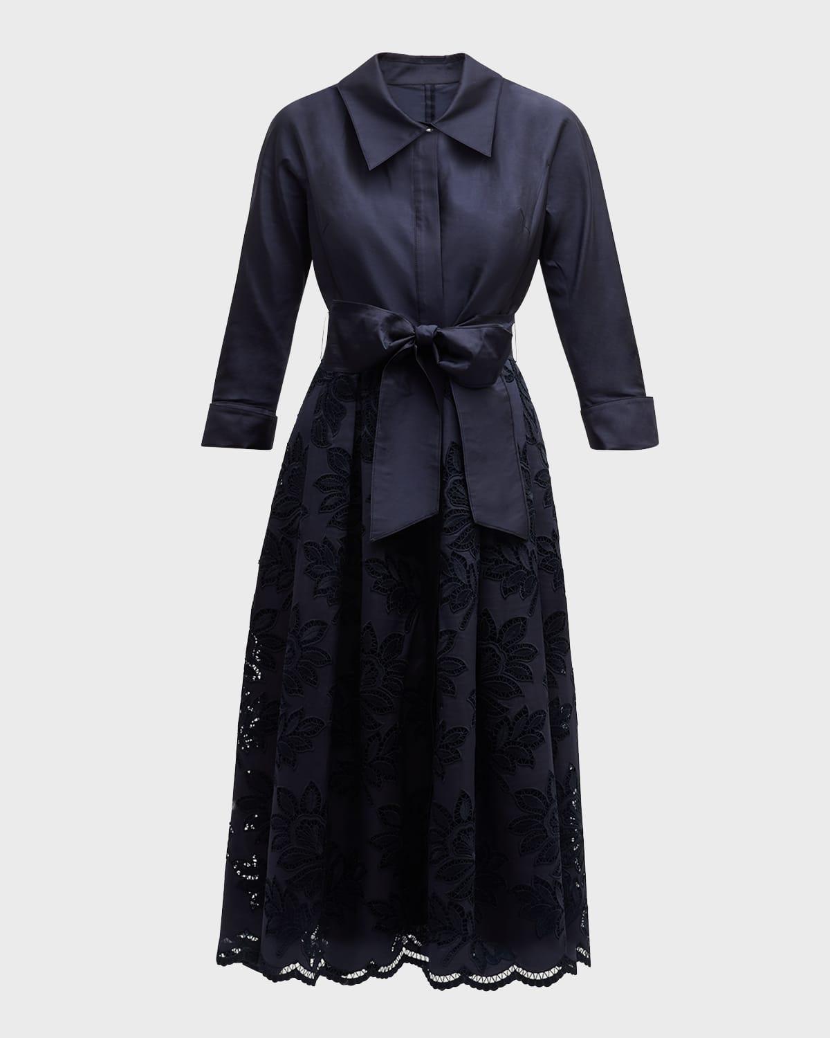 eyelet floral-embroidered midi shirtdress