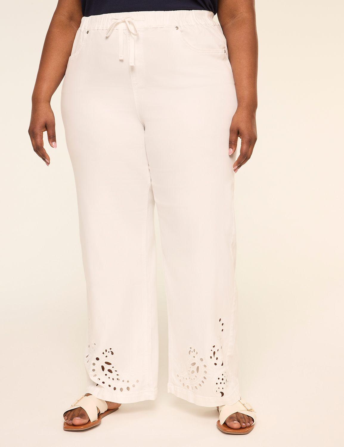 eyelet-hem pull-on wide leg jean