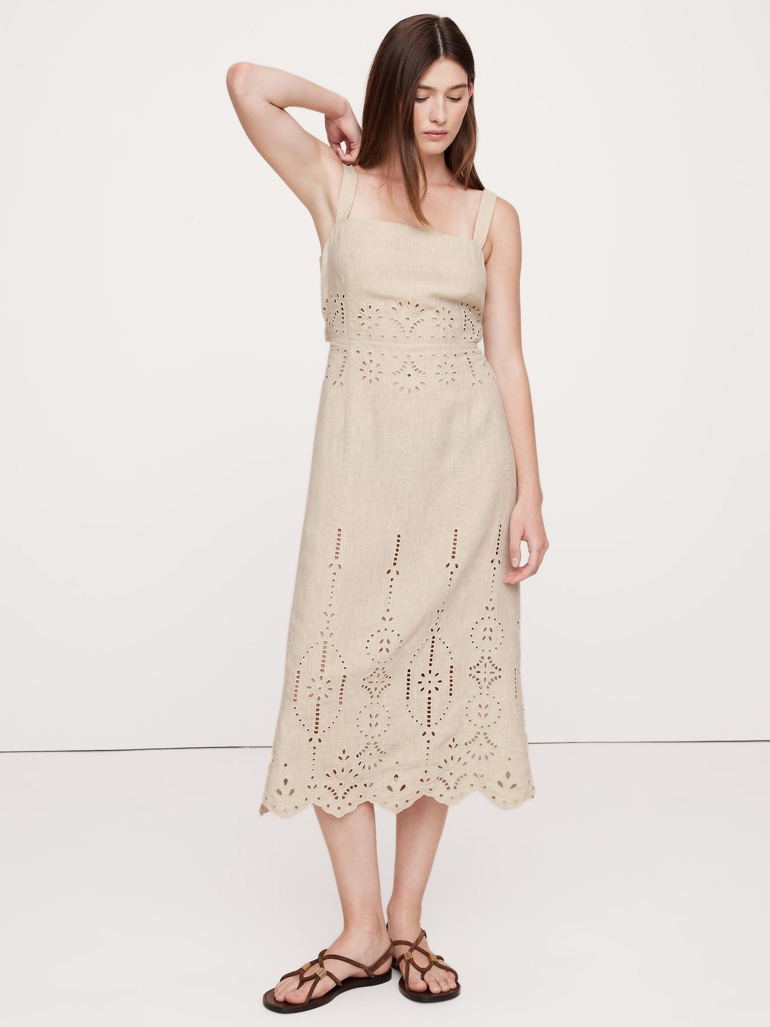 eyelet linen midi dress