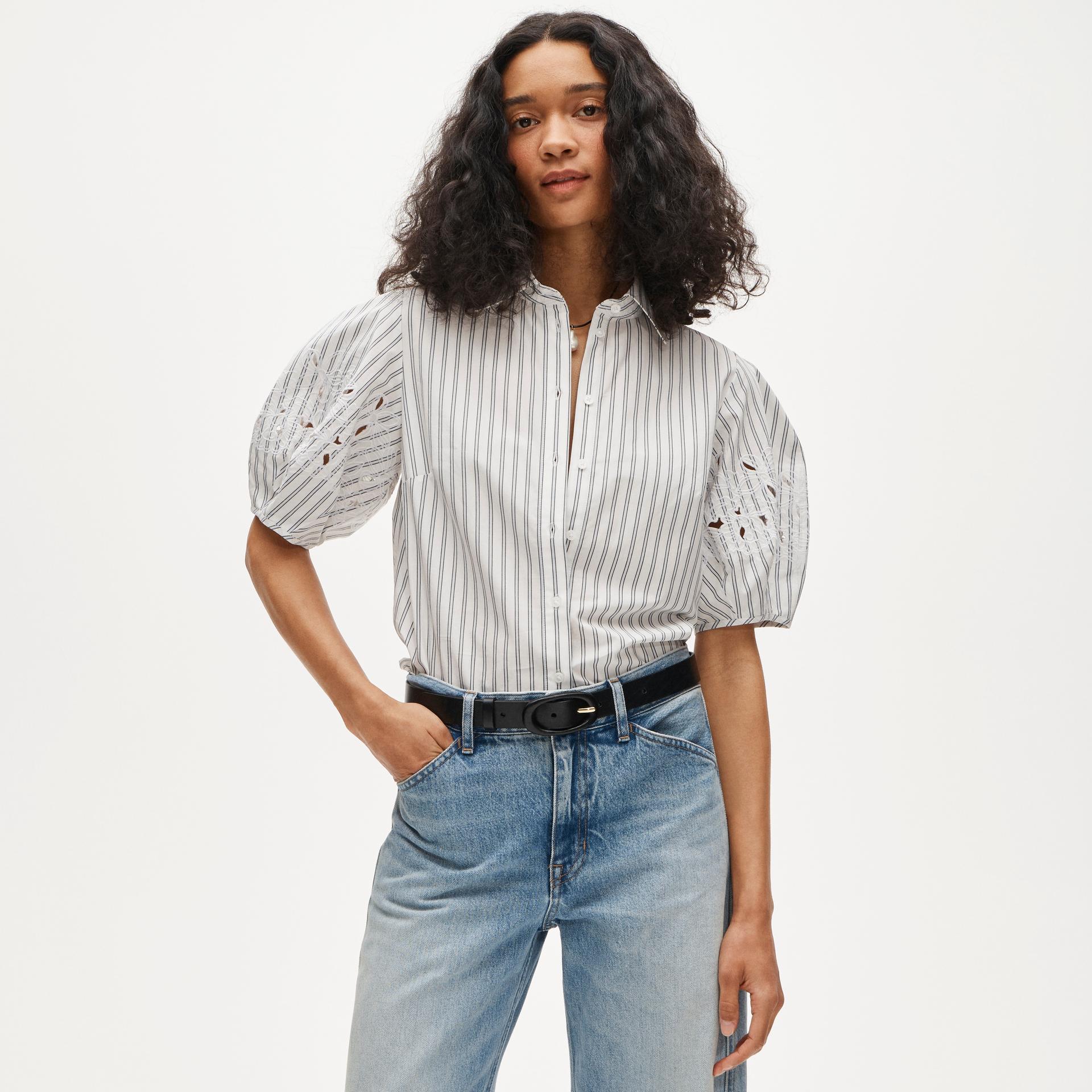 eyelet puff-sleeve shirt in striped cotton poplin