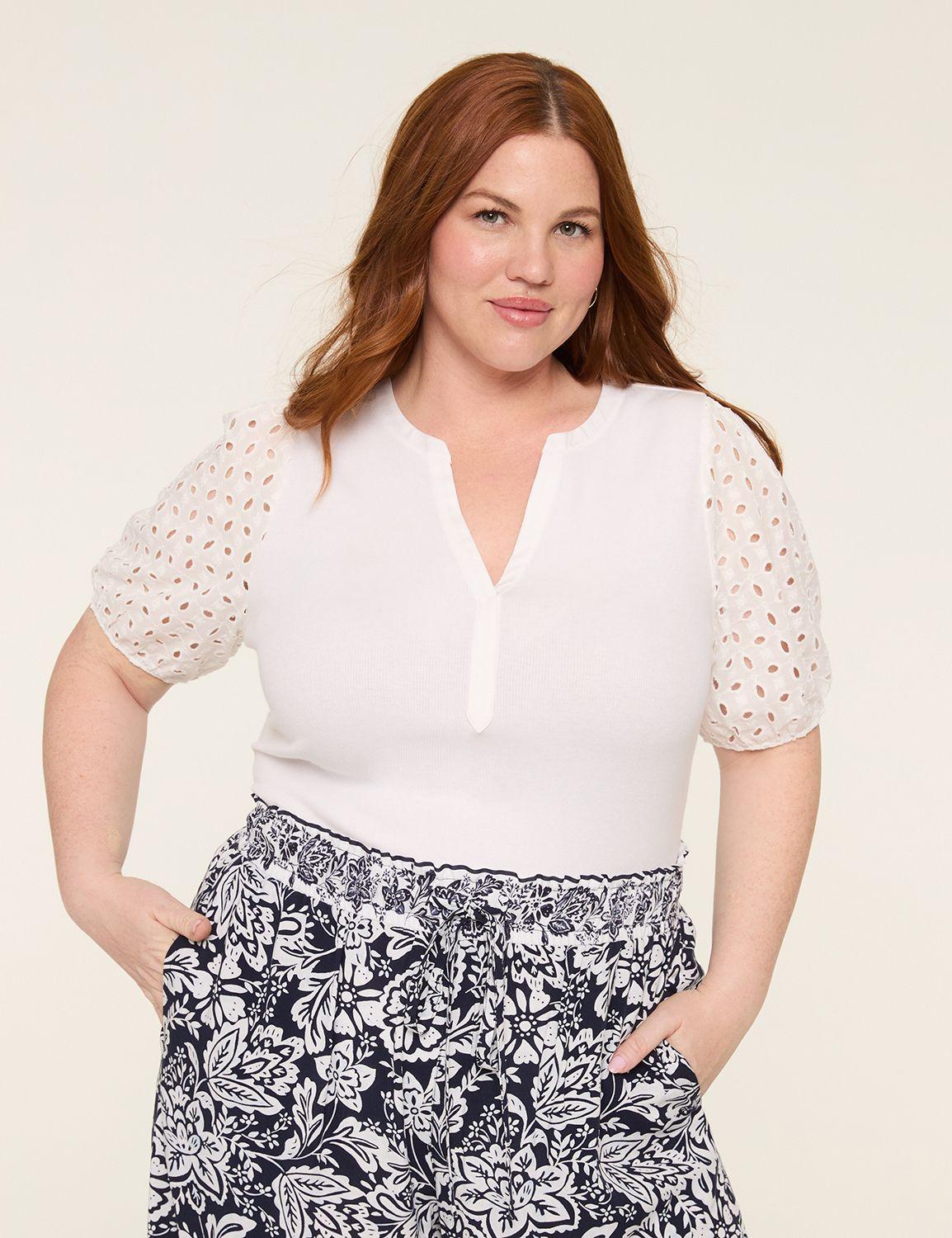 eyelet-sleeve notch-neck rib top