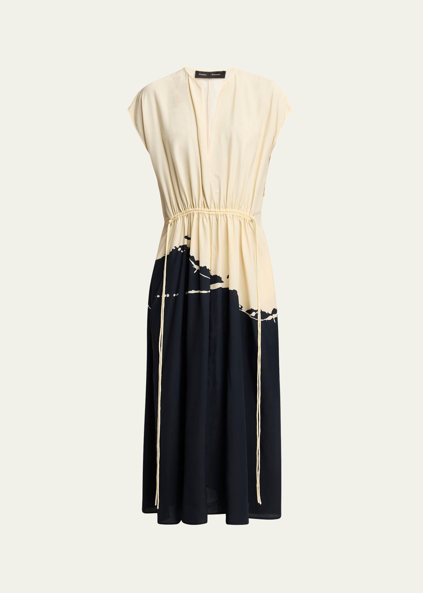 ezra printed drawstring midi viscose dress