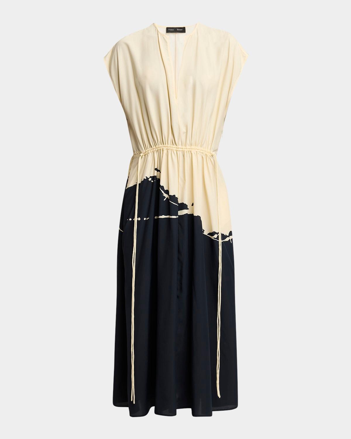 ezra printed drawstring midi viscose dress
