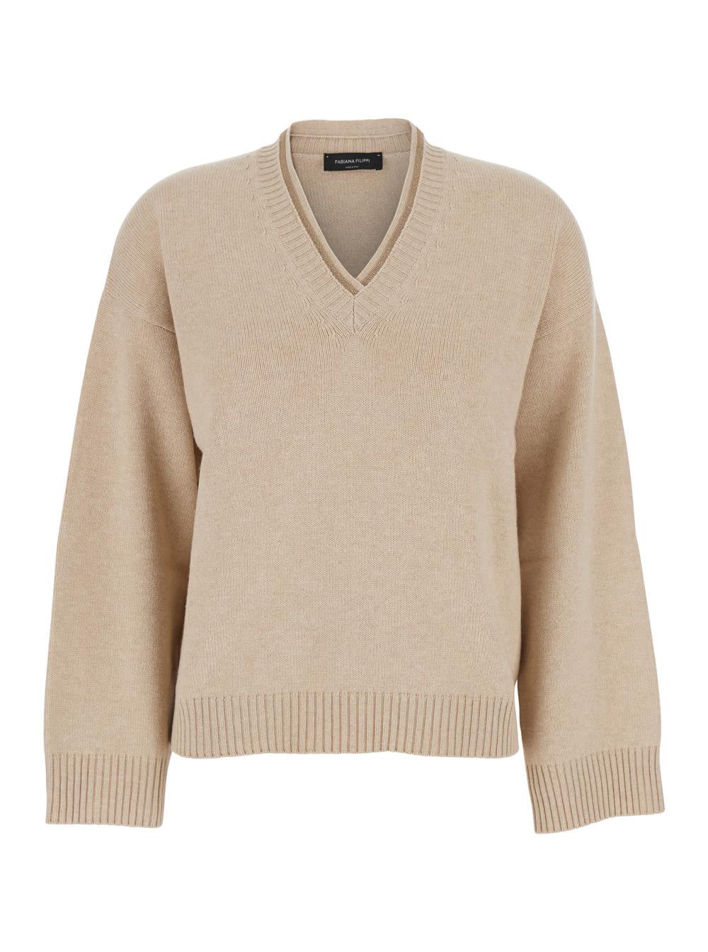 fabiana filippi beige v-neck sweater in wool and silk blend woman