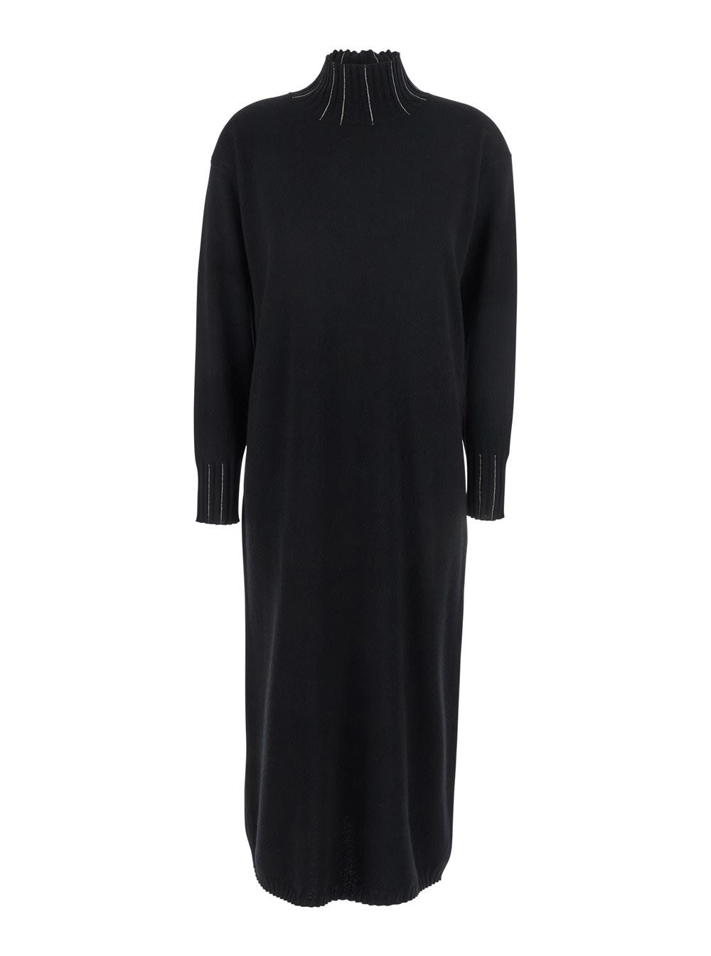 fabiana filippi black high neck dress with rhinestone details in wool blend woman