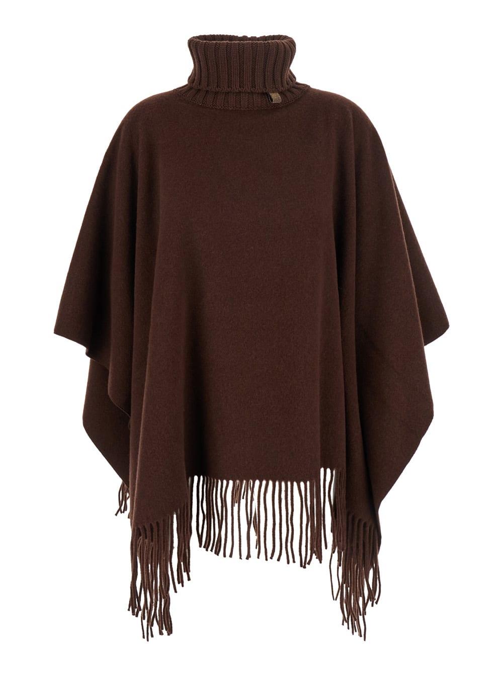 fabiana filippi brown cape with high neck and fringed hem in wool blend woman