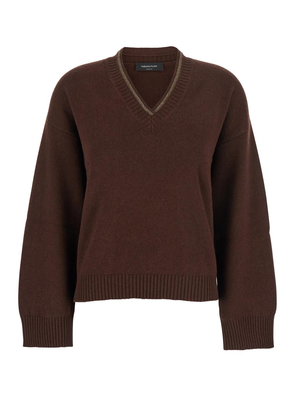 fabiana filippi brown v-neck sweater in wool and silk blend woman