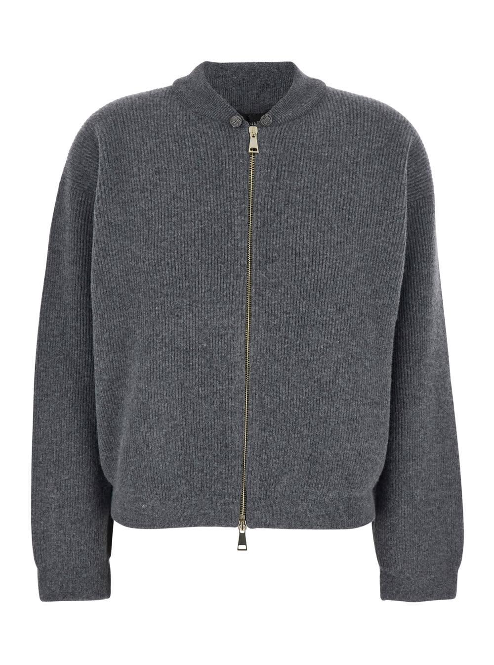 fabiana filippi grey ribbed knit sweatshirt with front zip closure in wool blend woman