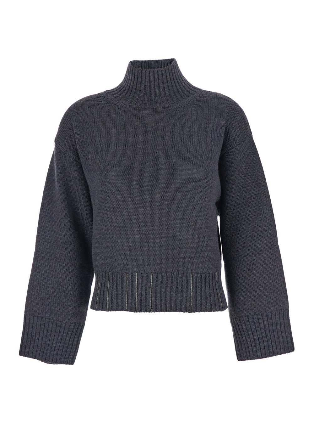 fabiana filippi grey turtleneck sweater with beaded embroidery on the waist and dropped shoulders in wool woman