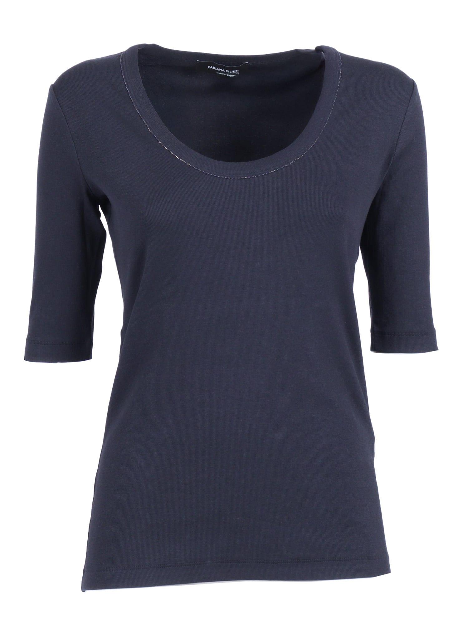 fabiana filippi ribbed cotton jersey u neck t-shirt filo diamante detail