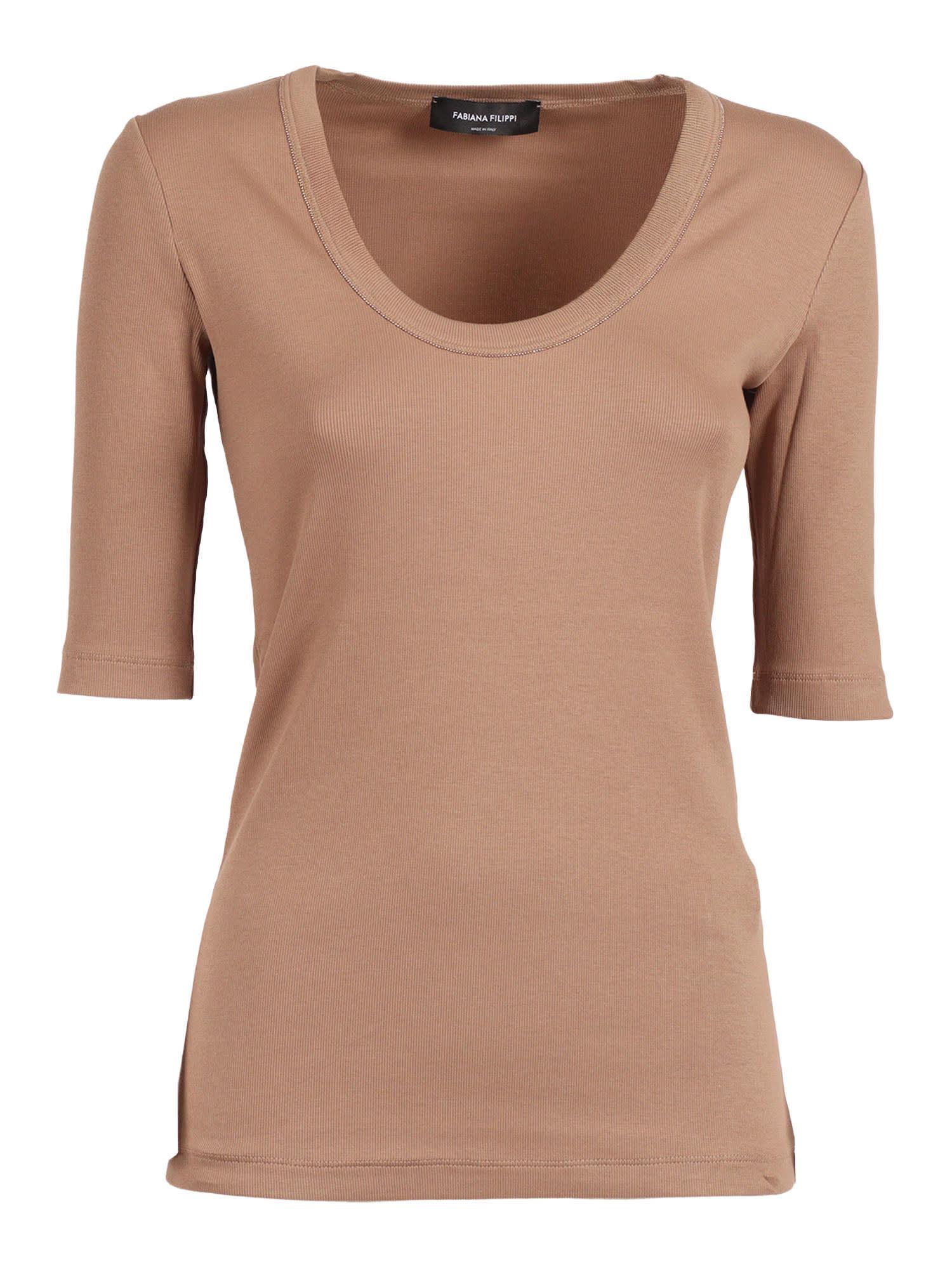 fabiana filippi ribbed cotton jersey u neck t-shirt filo diamante detail