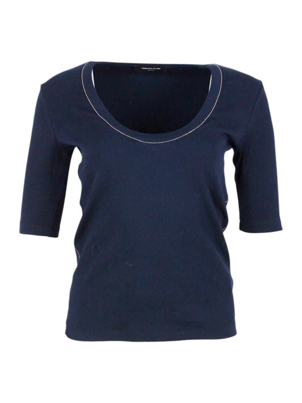 fabiana filippi ribbed cotton t-shirt with u-neck, elbow-length sleeves embellished with rows of monili on the neck and sides