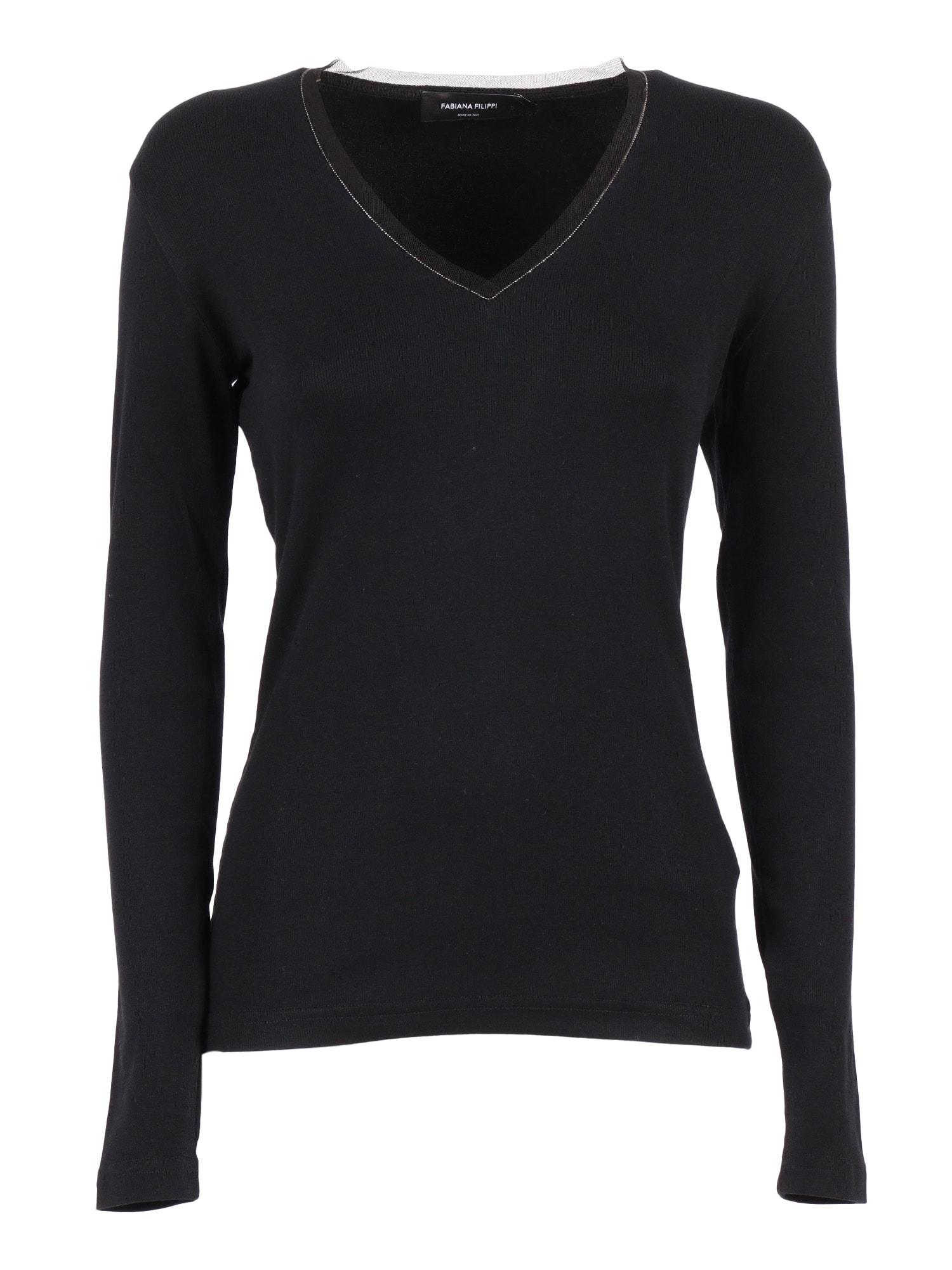fabiana filippi ribbed cotton v neck long sleeve t-shirt with tulle trim