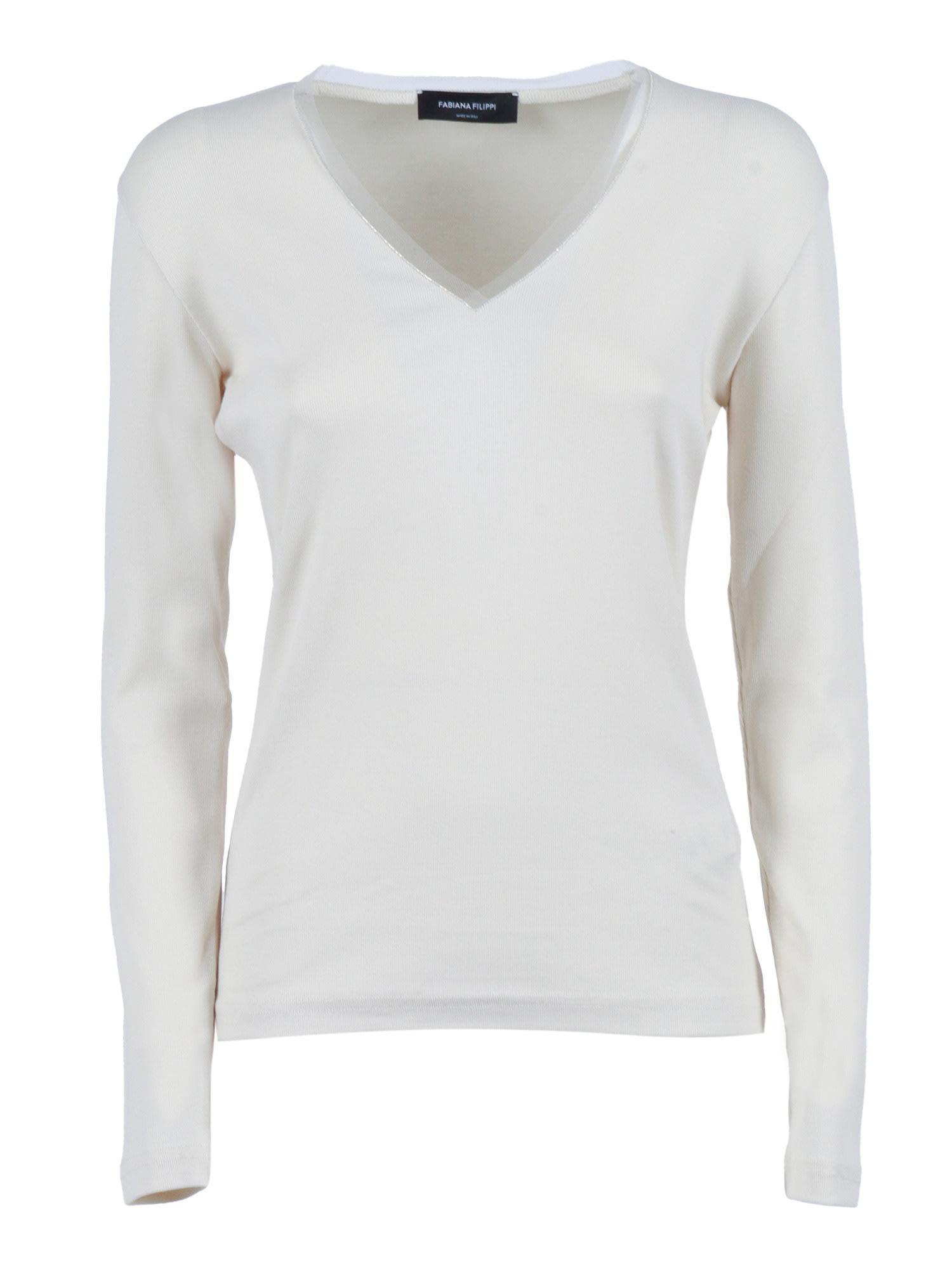 fabiana filippi ribbed cotton v neck long sleeve t-shirt with tulle trim