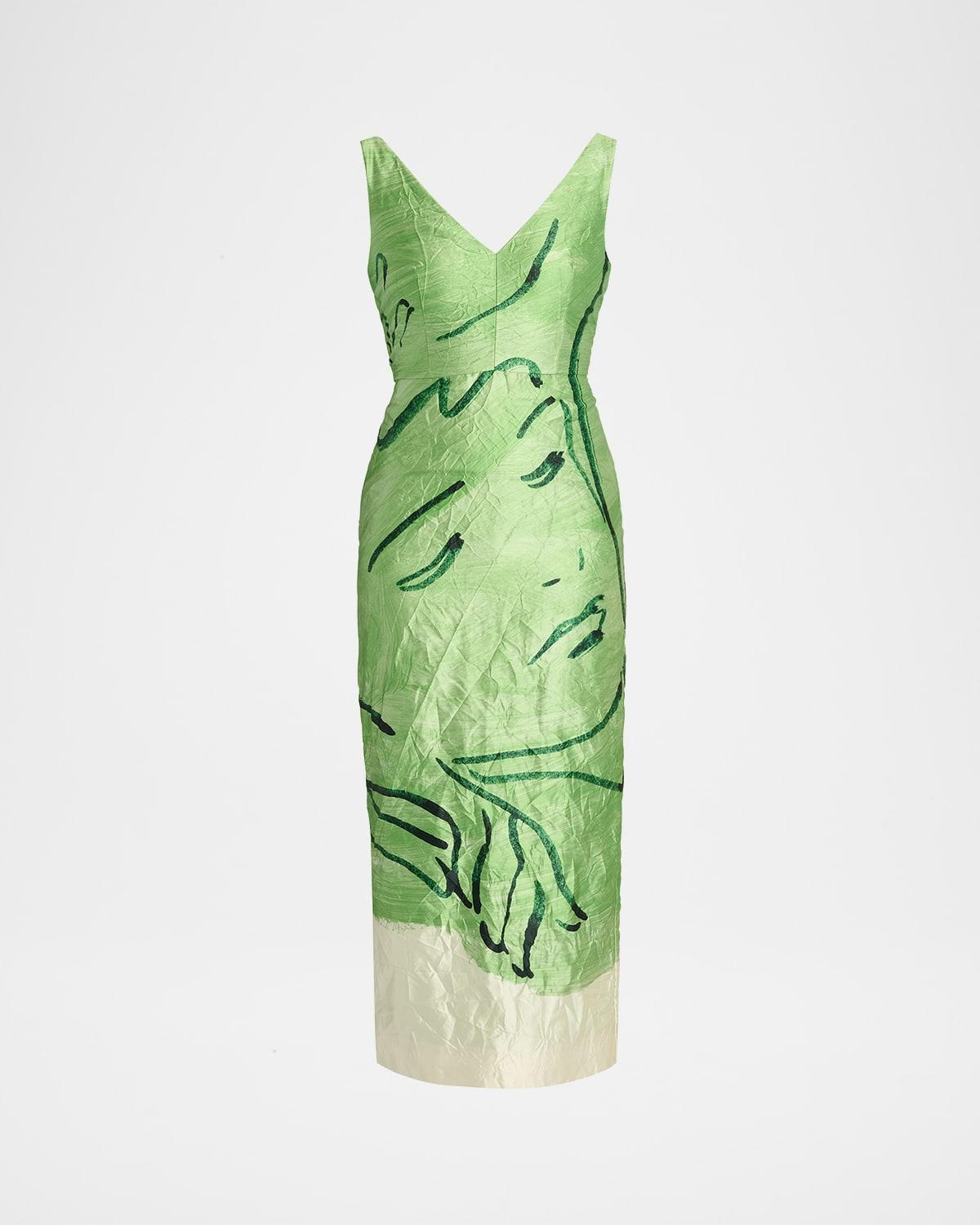 face-print sleeveless crinkle satin midi cocktail dress