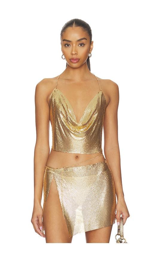 fae aura glomesh top in metallic gold.