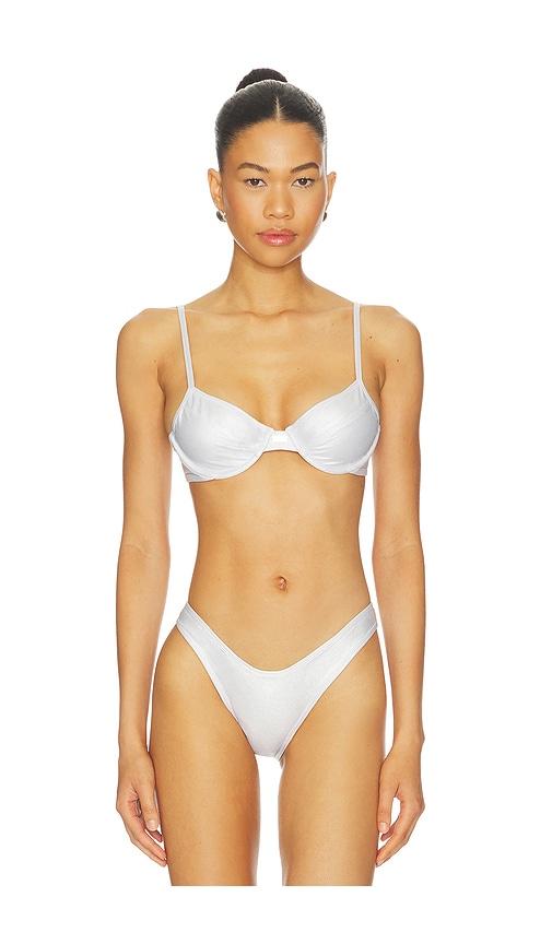 fae gigi bikini top in metallic silver.