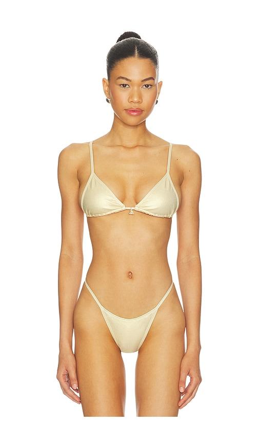 fae lumi bikini top in metallic gold.