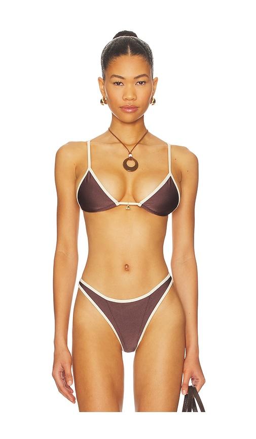 fae lumi triangle bikini top in brown.