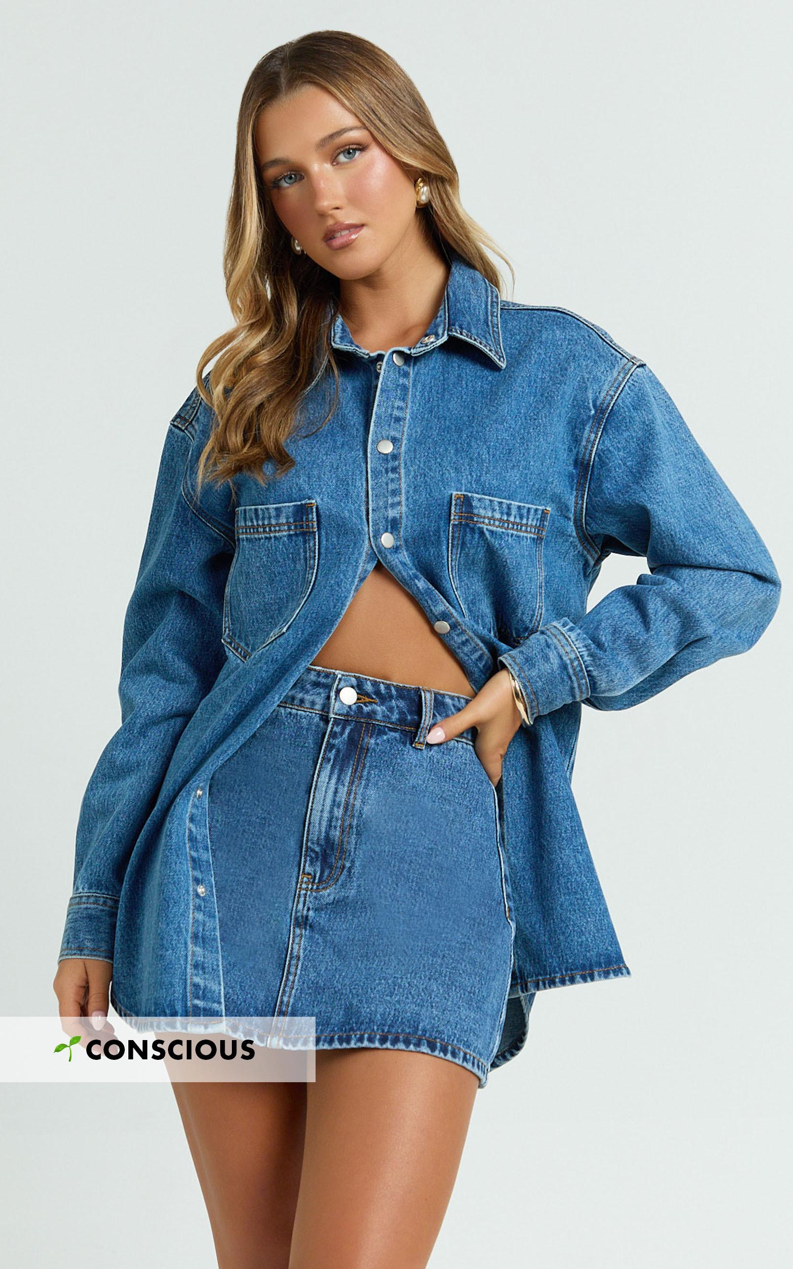 faharra shirt - recycled cotton denim shirt in dark blue wash