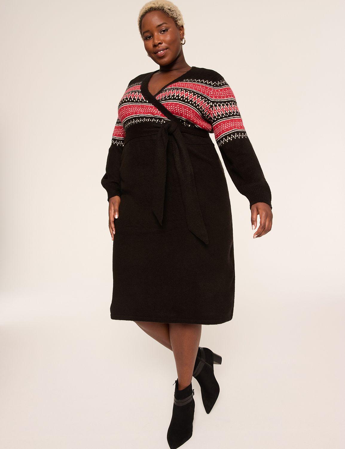 fair isle faux-wrap sweater midi dress