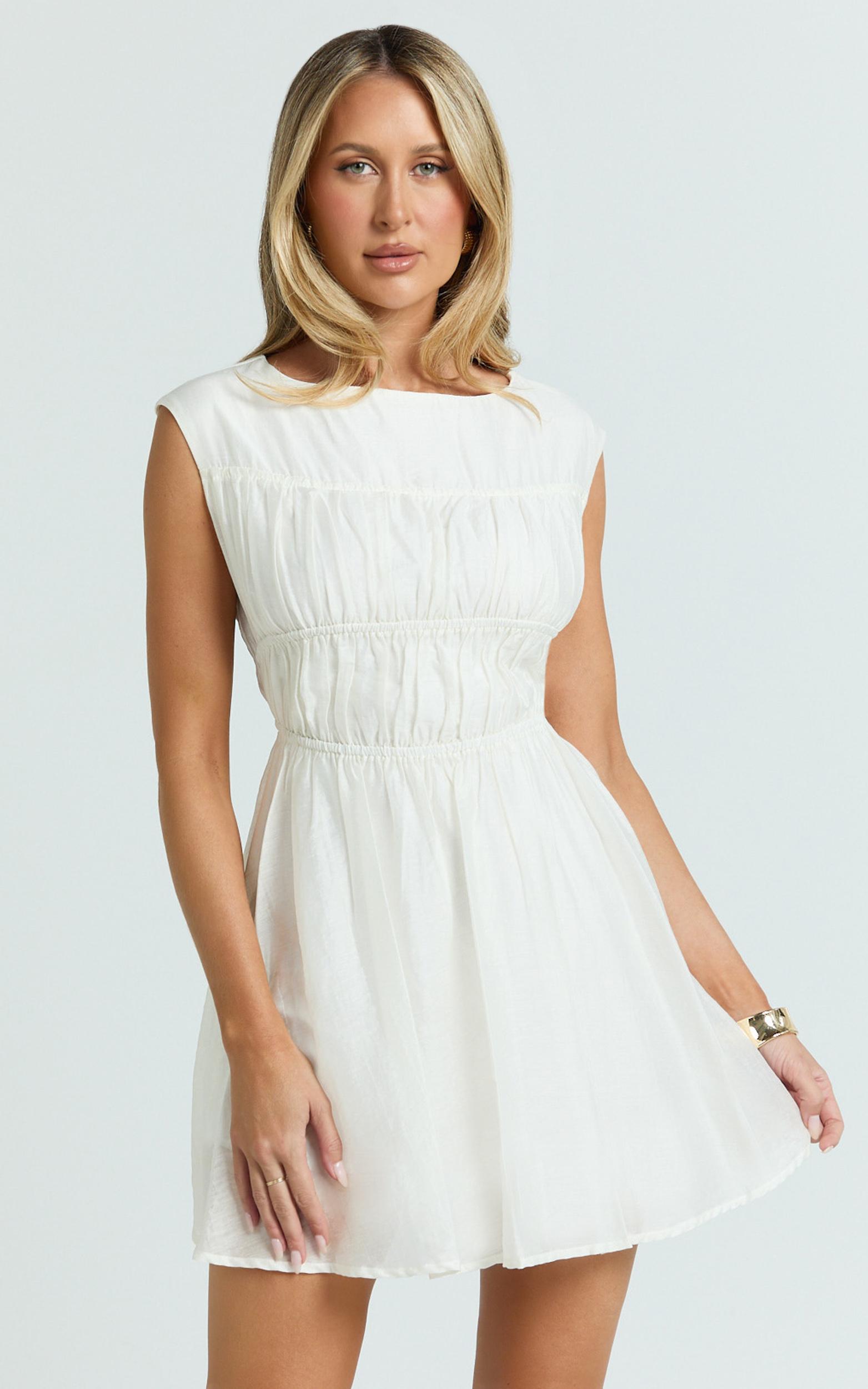 faith mini dress - sleeveless ruched bodice dress in white