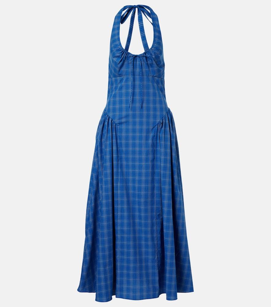 faithfull del ros plaid halterneck cotton midi dress
