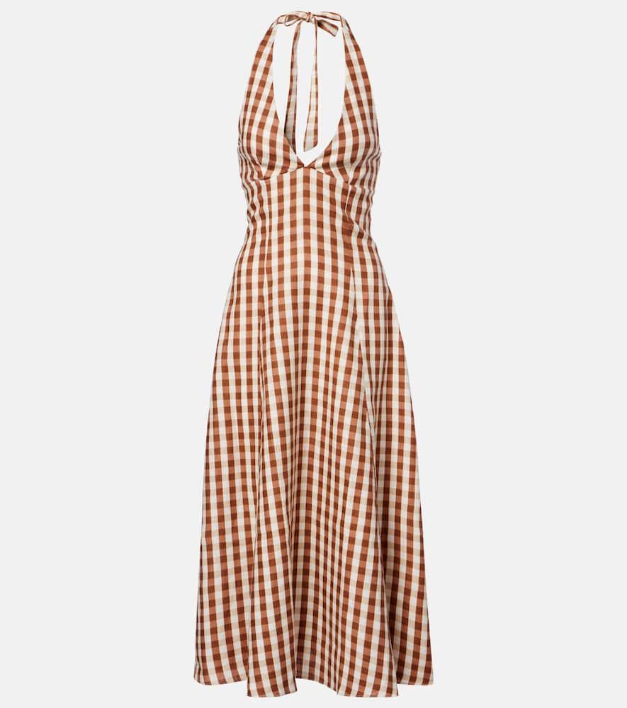 faithfull marais gingham halterneck linen midi dress