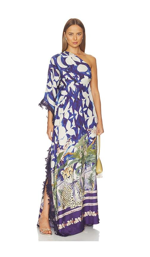 falguni shane peacock chateau cheetah print kaftan with lace trim in navy.