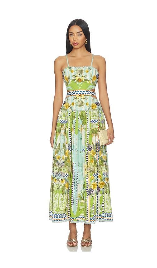 falguni shane peacock palm mirage open back dress in blue,green.